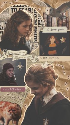 a collage of harry potter images with her name on the back and pictures of hogwart's houses