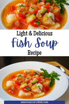 fish soup with carrots, celery and parsley in a white bowl