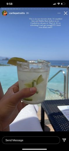 someone holding up a drink with limes on the rim and water in the background