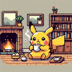 a pixelated image of a pikachu sitting in front of a fire place