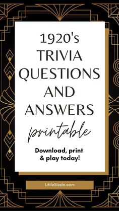 the title for 1920's trivia questions and answers printable, with an art deco