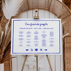 a blue and white wedding seating plan on a wooden easel with wicker chairs