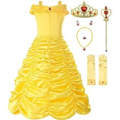 a yellow princess dress with tiara and accessories