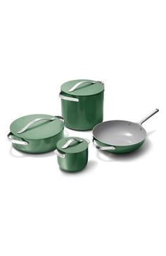 green pots and pans on a white background