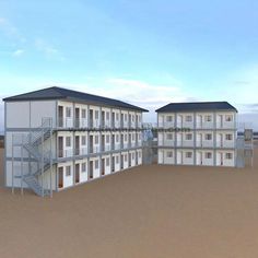 an artist's rendering of two motels in the middle of a sandy beach