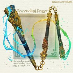 an artistic illustration of two different types of dragon wands with blue and green paint on them