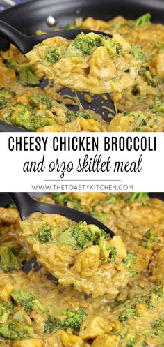 cheesy chicken broccoli and orzo skillet meal in a pan