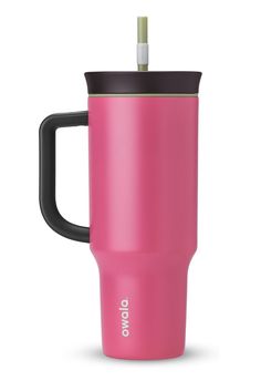 a pink travel mug with a black lid and handle is shown on a white background