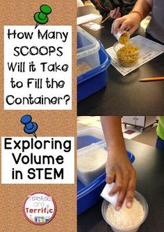 Exploring Volume with Scoops! How many scoops does it take? STEM Challenge includes directions, hints, and lab sheets! Teaching Volume, Preschool Steam, Walker Learning, Volume Math, Measurement Kindergarten, Stem Activities Preschool, Kindergarten Stem, Early Years Maths, Stem School