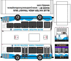 a paper model of a bus that is blue and white with black lettering on the side