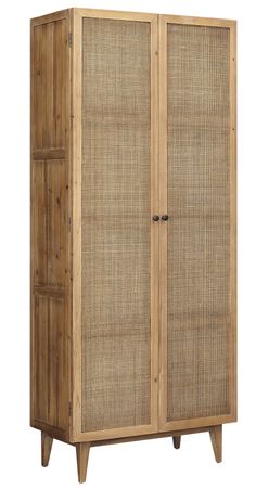 a wooden cabinet with two doors and wicker panels on the front, against a white background