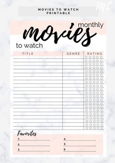 the printable movie to watch list is shown in black and white with pink accents