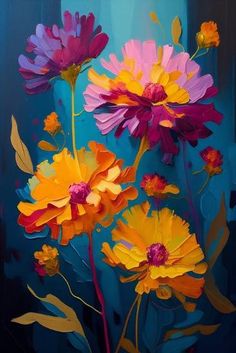 an oil painting of colorful flowers on a blue background