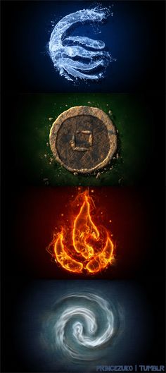 four different types of fire and water with the letter e on it's side