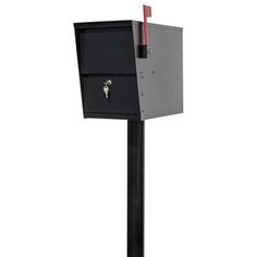 a black mailbox with a red stick sticking out of it