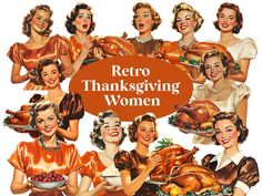 an advertisement for retro thanksgiving women with turkeys