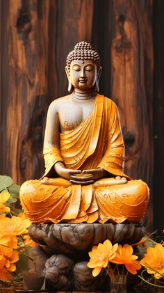 a buddha statue sitting on top of a rock next to yellow flowers and greenery