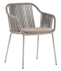 an outdoor chair with grey wicker and beige fabric seat padding, viewed from the front