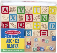 the wooden block set has letters and numbers on it