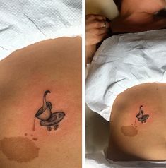 two pictures show the same tattoo on someone's stomach, and one shows an image of a baby in a stroller