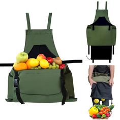 an apron with straps is holding fruit and vegetables