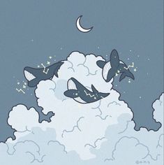 two whales are flying in the sky with stars and crescents on their heads, above clouds