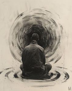 a black and white photo of a man sitting in the middle of a water hole