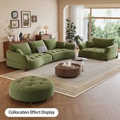 a living room filled with lots of green furniture