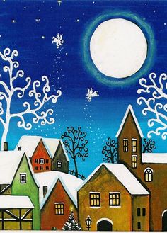 a painting of houses in the snow at night