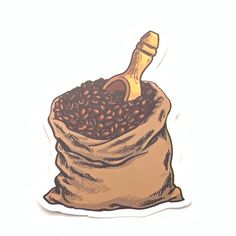 a bag full of coffee beans with a bottle sticking out of it's top