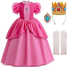 PRICES MAY VARY. 【Princess Dress Set】Packing list: Dress*1pcs, Crown hairband*1pcs,Rhinestone brooch*1pcs,Princess Gloves*1pair. 【Elegant Design】The princess costume features lace trim at neckline,bubble sleeve design,with a dark pink peplum and layers skirt to increase the fluffy feeling of the skirt,dress brooch embedded with blue gems,crown embedded with three sparkling gems,attached with gloves,100% restore to the iconic princess, makes your girls feel immersive with this pink princess dress Toddler Girl Princess Dresses, Pink Princess Dress For Kids, Fairy Princess Dress Kids, Princess Dress Girl, Disney Princess Dresses For Kids, Pink Princess Dress Kids, Princess Costumes Kids, Dresses For Princesses, Pink Dress For Kids