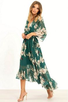 Floral Print Kimono Midi Wrap Dress in Green Colour 100% Polyester Machine Wash At 30 Casual Chique Stijl, Green Kimono, Kimono Floral, Mode Kimono, Floral Print Kimono, Womens Long Dresses, Midi Wrap Dress, فستان سهرة, Maxi Robes