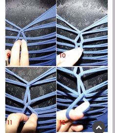 four pictures showing how to make a 3d wall decoration with blue plastic strips and scissors