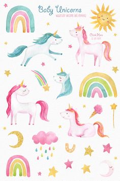 watercolor unicorns and rainbows on white paper with stars, clouds, and sun