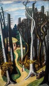 an image of a painting with trees in the foreground and houses in the background