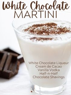 white chocolate martini in a glass with cocoa shavings on the side and text overlay that reads, white chocolate martini