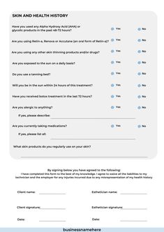 Esthetician Consultation Form, Facial Consent Form, Waxing Template, Esthetician Forms, Client Consultation, Spa Stuff