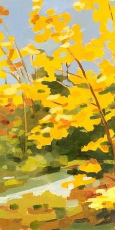 an oil painting of trees with yellow leaves