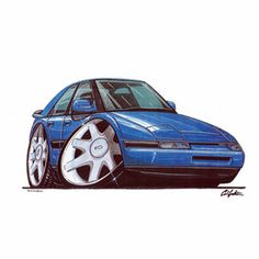 a drawing of a blue car with white rims