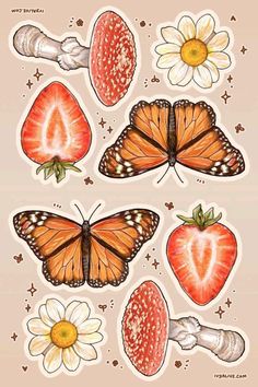 butterflies and strawberries stickers on a pink background