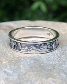 Sterling Silver Sun with Mountains and Trees Ring | The Life Divine The perfect ring for lovers of the outdoors and nature. Ring Band measures just over 3/16" H Gifts For Nature Lovers Men, Rock Climbing Jewelry, Guys Rings Aesthetic, Granola Rings, Men’s Jewlery Silver, Men’s Silver Rings, Men With Rings, Male Jewelry Aesthetic, Men’s Accessories