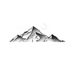 a black and white drawing of mountains with the moon in the sky above them on a white background