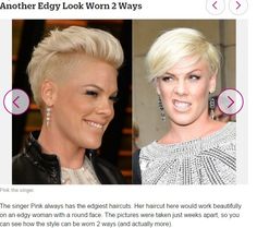 Pink-2 hairstyles in 1. Very Edgy :) Singer Pink, Hair For Round Face Shape, Long Face Haircuts, Long Face Shapes, Oval Face Haircuts, Long Face Hairstyles, Oval Face Hairstyles, Hairstyle Trends, Hair Styles 2014