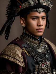 a young man wearing an elaborate headdress with feathers and jewels on his head