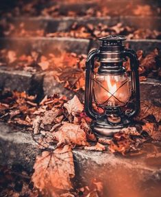 an old fashioned lantern is sitting on some steps in the fall with leaves around it