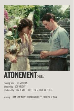 an advertisement for the movie atonement with two people standing in front of stairs