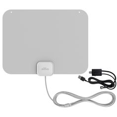 an antenna attached to a white wall with a power cord and plugged into it