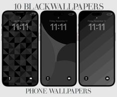 three iphones with black wallpapers on them