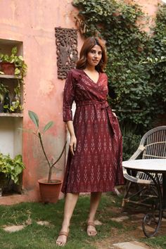 "🌸  AMELIA Amelia is a beautiful classical wrap style dress decorated with ikat motifs. Hand made from hand loom ikat cotton fabric from India. This dress has a fully lined front and unlined skirt. Sizings: Size S: Shoulders 36cm - 14,1\"    Bust 94cm - 37\"  Waist 86cm - 33.8\"  Length approx. 114cm - 44.8\" Size M:   Shoulders 39cm - 15,3\"  Bust 100cm - 39,3\" Waist 94cm - 37\"  Length approx. 114cm - 44.8\" Size L: Shoulders 40cm - 15.7\"  Bust 106cm - 41.7\" Waist 98cm - 38.5\"  Length app Wrap Cotton Dress, Kurta Dress Designs, Cotton Ikat Dress, Wrap Style Dress, Dresses Patterns Women Indian, Middies For Women, Middie Dress Casual, Ikat Dress Designs, Sambalpuri Dress Design