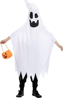 a person in a ghost costume holding a trick bag